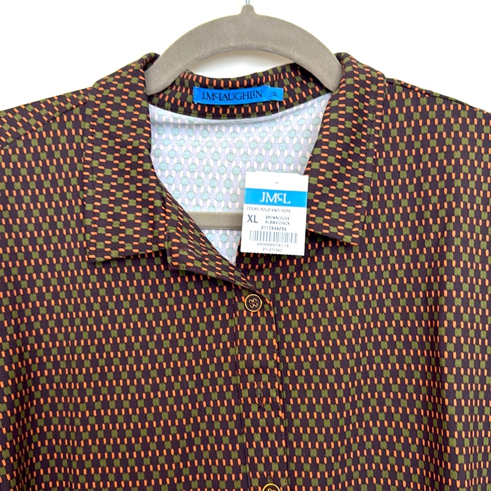 NWT J. McLaughlin Court Polo Knot Top Brown/Olive Rubiks Check Size XL